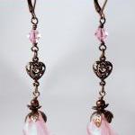 Pink And Antiqued Brass Flower Dangle Earrings