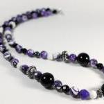 Long Beaded Necklace In Purple Black And White