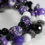 Long Beaded Necklace In Purple Black And White